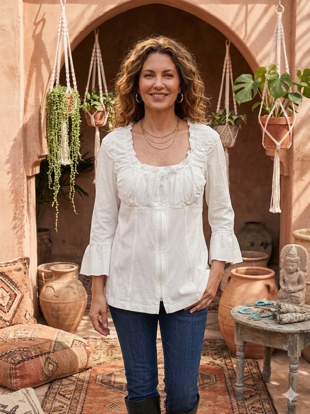 Anne Fontaine White Ruffle-Trim Scoop Neck Blouse